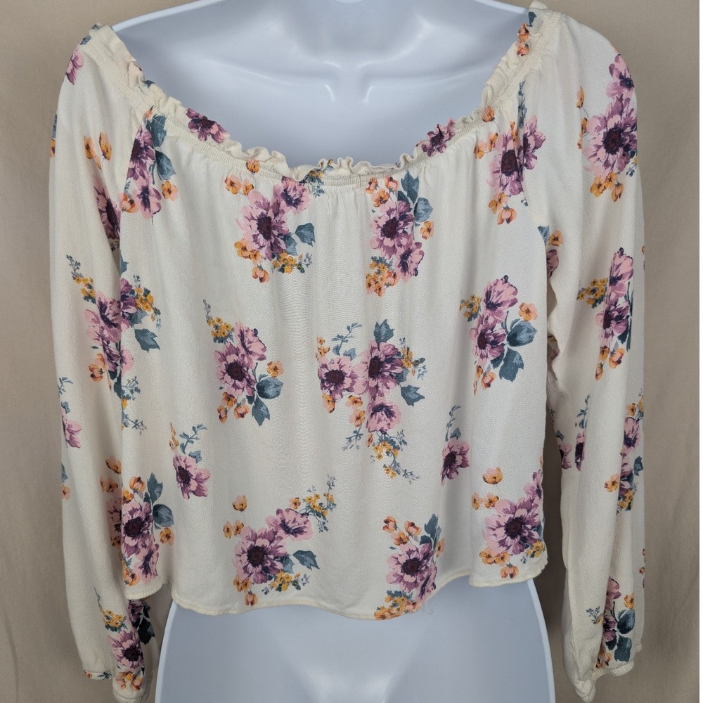 Rewind Floral Long Sleeve Peasant Top Cream Purple Tie Front Blouse Medium - Picture 2 of 10